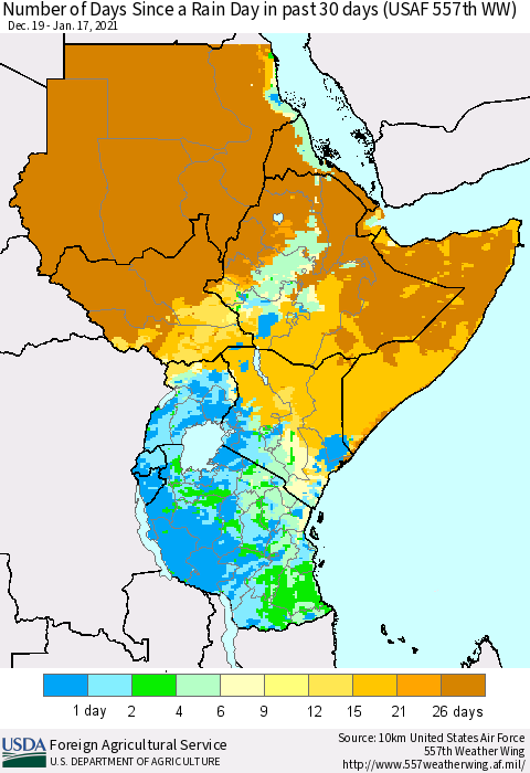 Eastern Africa Number of Days Since a Rain Day in past 30 days (USAF 557th WW) Thematic Map For 1/11/2021 - 1/17/2021