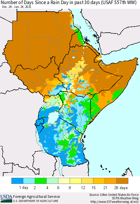 Eastern Africa Number of Days Since a Rain Day in past 30 days (USAF 557th WW) Thematic Map For 1/18/2021 - 1/24/2021