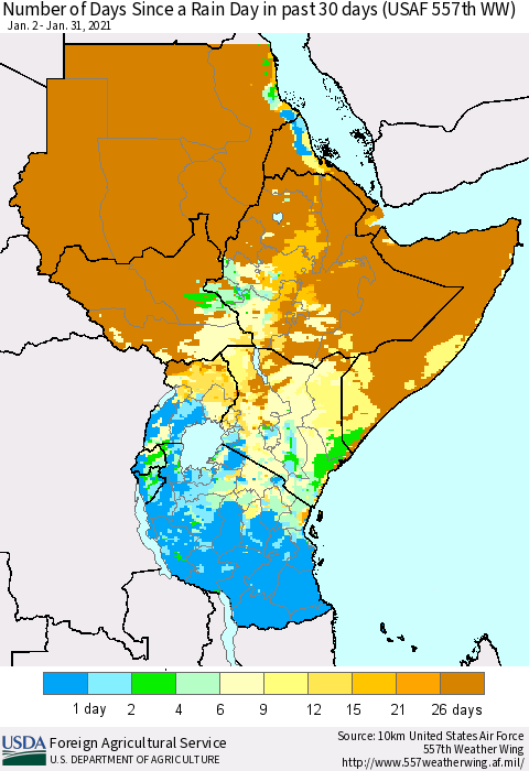 Eastern Africa Number of Days Since a Rain Day in past 30 days (USAF 557th WW) Thematic Map For 1/25/2021 - 1/31/2021