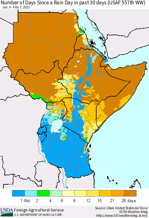 Eastern Africa Number of Days Since a Rain Day in past 30 days (USAF 557th WW) Thematic Map For 2/1/2021 - 2/7/2021