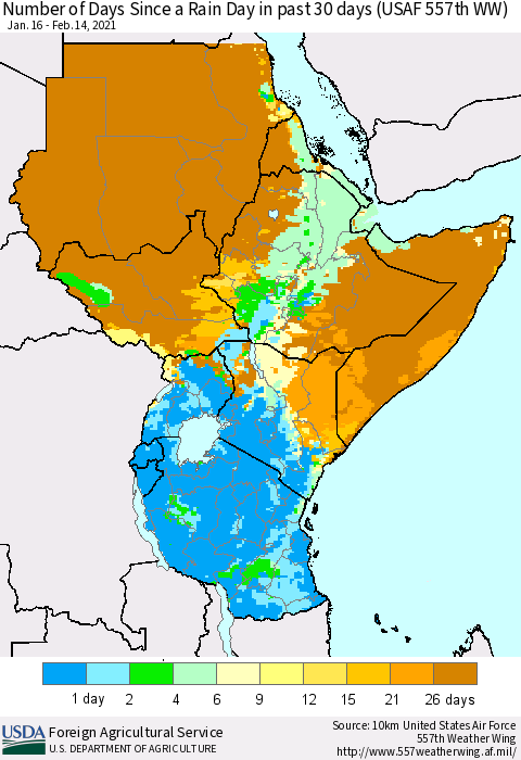 Eastern Africa Number of Days Since a Rain Day in past 30 days (USAF 557th WW) Thematic Map For 2/8/2021 - 2/14/2021