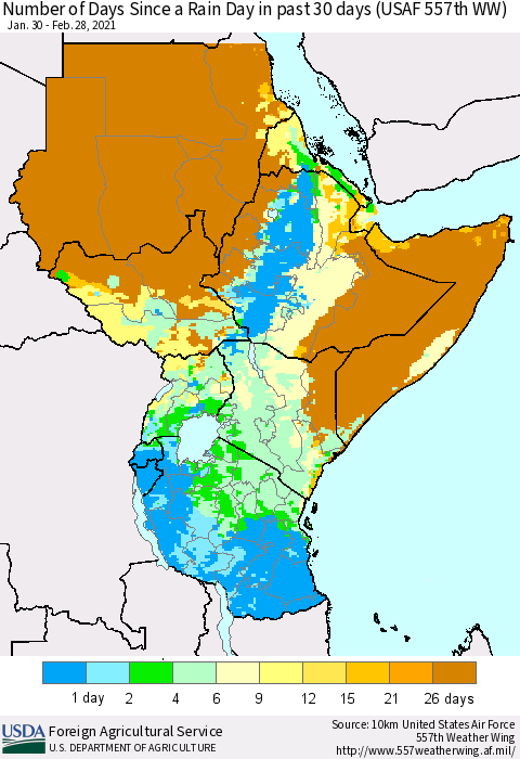 Eastern Africa Number of Days Since a Rain Day in past 30 days (USAF 557th WW) Thematic Map For 2/22/2021 - 2/28/2021