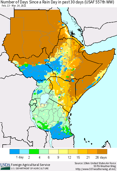 Eastern Africa Number of Days Since a Rain Day in past 30 days (USAF 557th WW) Thematic Map For 3/8/2021 - 3/14/2021