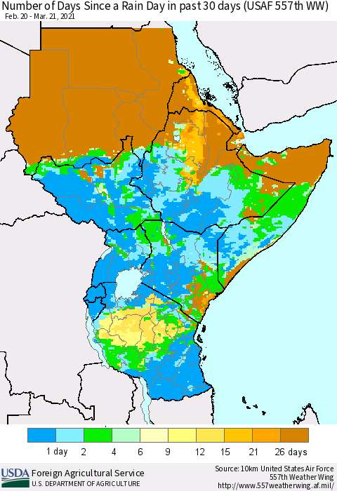 Eastern Africa Number of Days Since a Rain Day in past 30 days (USAF 557th WW) Thematic Map For 3/15/2021 - 3/21/2021