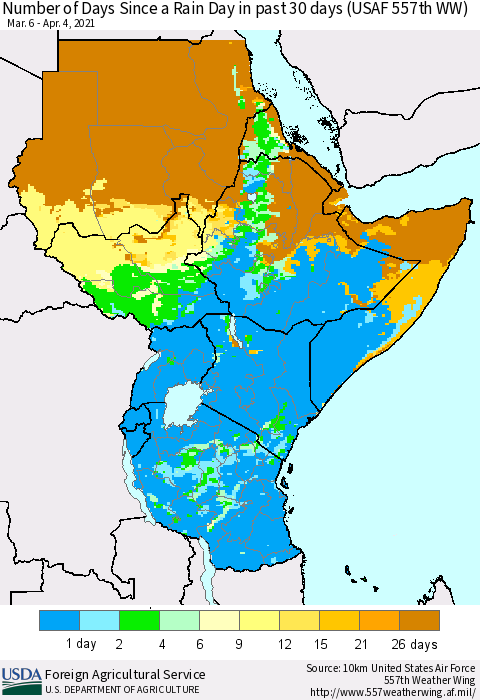 Eastern Africa Number of Days Since a Rain Day in past 30 days (USAF 557th WW) Thematic Map For 3/29/2021 - 4/4/2021