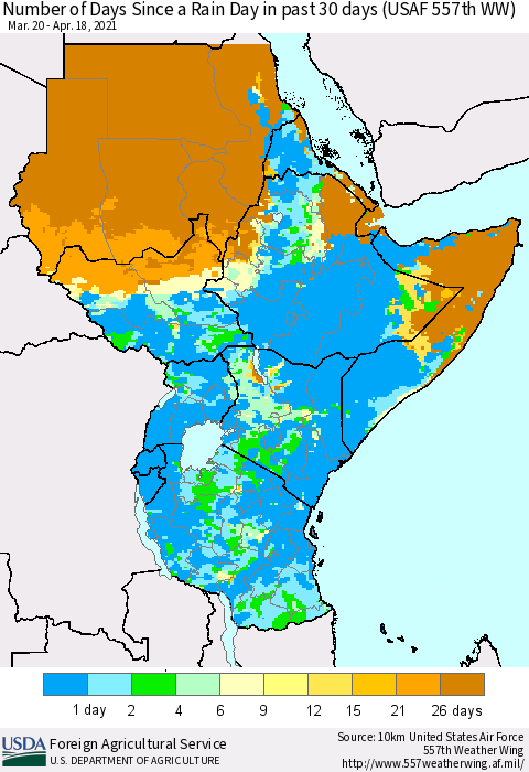 Eastern Africa Number of Days Since a Rain Day in past 30 days (USAF 557th WW) Thematic Map For 4/12/2021 - 4/18/2021