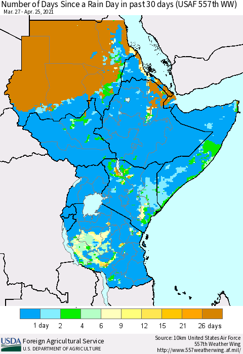 Eastern Africa Number of Days Since a Rain Day in past 30 days (USAF 557th WW) Thematic Map For 4/19/2021 - 4/25/2021