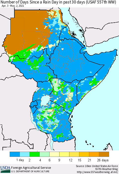 Eastern Africa Number of Days Since a Rain Day in past 30 days (USAF 557th WW) Thematic Map For 4/26/2021 - 5/2/2021