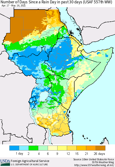 Eastern Africa Number of Days Since a Rain Day in past 30 days (USAF 557th WW) Thematic Map For 5/10/2021 - 5/16/2021
