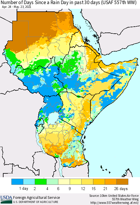 Eastern Africa Number of Days Since a Rain Day in past 30 days (USAF 557th WW) Thematic Map For 5/17/2021 - 5/23/2021