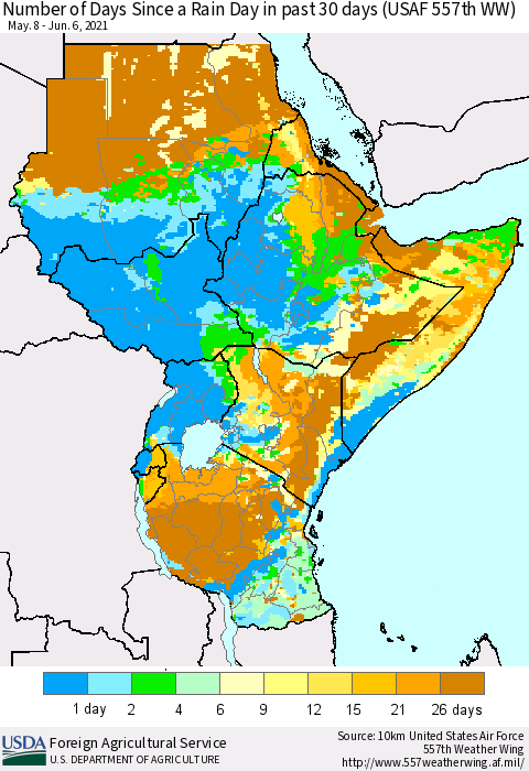 Eastern Africa Number of Days Since a Rain Day in past 30 days (USAF 557th WW) Thematic Map For 5/31/2021 - 6/6/2021