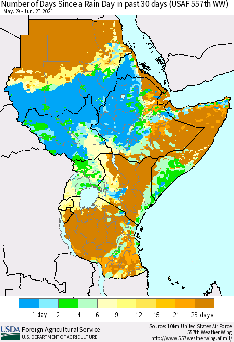 Eastern Africa Number of Days Since a Rain Day in past 30 days (USAF 557th WW) Thematic Map For 6/21/2021 - 6/27/2021