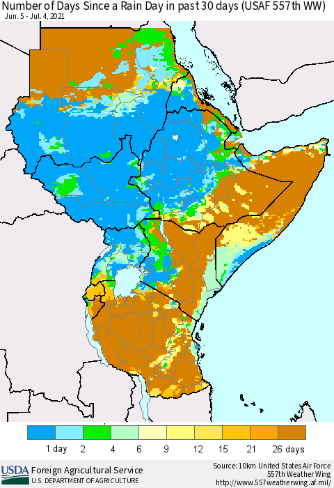 Eastern Africa Number of Days Since a Rain Day in past 30 days (USAF 557th WW) Thematic Map For 6/28/2021 - 7/4/2021