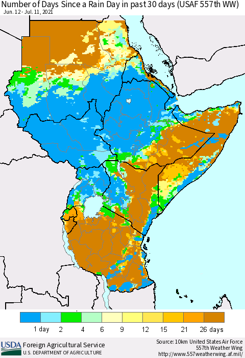Eastern Africa Number of Days Since a Rain Day in past 30 days (USAF 557th WW) Thematic Map For 7/5/2021 - 7/11/2021