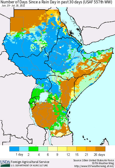 Eastern Africa Number of Days Since a Rain Day in past 30 days (USAF 557th WW) Thematic Map For 7/12/2021 - 7/18/2021