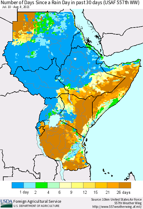 Eastern Africa Number of Days Since a Rain Day in past 30 days (USAF 557th WW) Thematic Map For 8/2/2021 - 8/8/2021