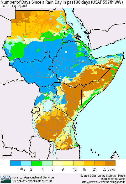 Eastern Africa Number of Days Since a Rain Day in past 30 days (USAF 557th WW) Thematic Map For 8/23/2021 - 8/29/2021