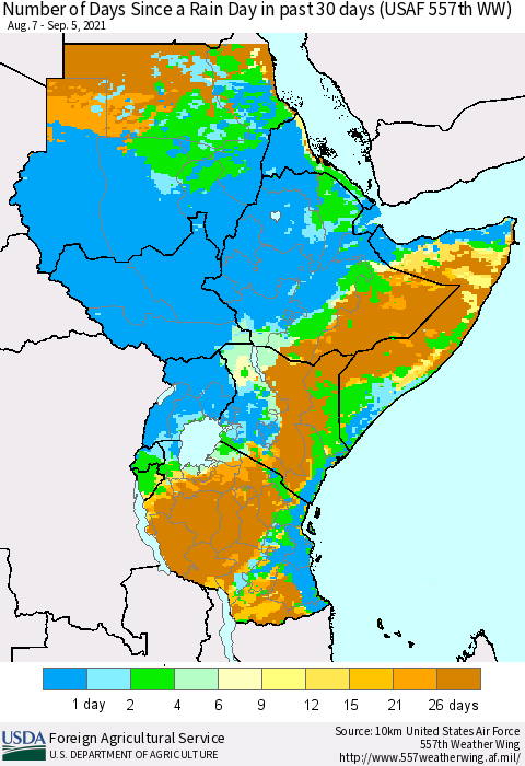 Eastern Africa Number of Days Since a Rain Day in past 30 days (USAF 557th WW) Thematic Map For 8/30/2021 - 9/5/2021