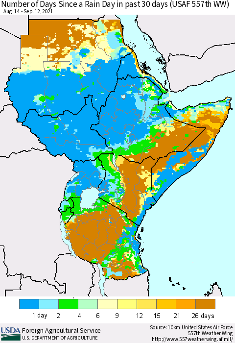 Eastern Africa Number of Days Since a Rain Day in past 30 days (USAF 557th WW) Thematic Map For 9/6/2021 - 9/12/2021