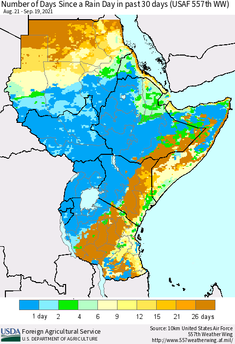 Eastern Africa Number of Days Since a Rain Day in past 30 days (USAF 557th WW) Thematic Map For 9/13/2021 - 9/19/2021
