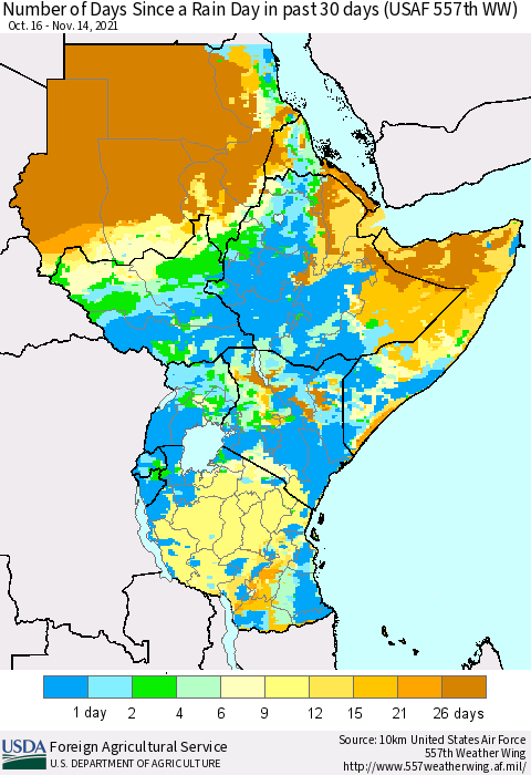 Eastern Africa Number of Days Since a Rain Day in past 30 days (USAF 557th WW) Thematic Map For 11/8/2021 - 11/14/2021
