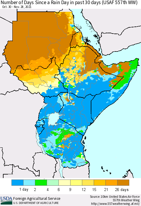Eastern Africa Number of Days Since a Rain Day in past 30 days (USAF 557th WW) Thematic Map For 11/22/2021 - 11/28/2021