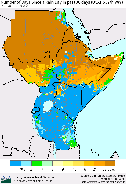 Eastern Africa Number of Days Since a Rain Day in past 30 days (USAF 557th WW) Thematic Map For 12/13/2021 - 12/19/2021