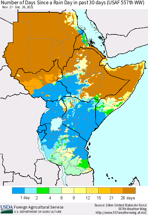 Eastern Africa Number of Days Since a Rain Day in past 30 days (USAF 557th WW) Thematic Map For 12/20/2021 - 12/26/2021