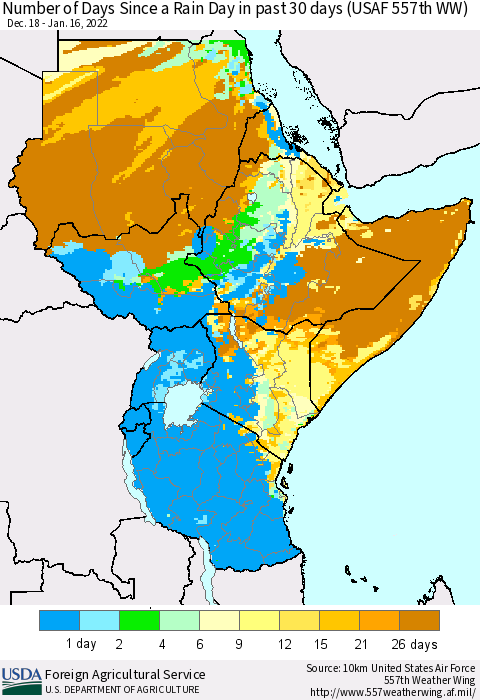 Eastern Africa Number of Days Since a Rain Day in past 30 days (USAF 557th WW) Thematic Map For 1/10/2022 - 1/16/2022