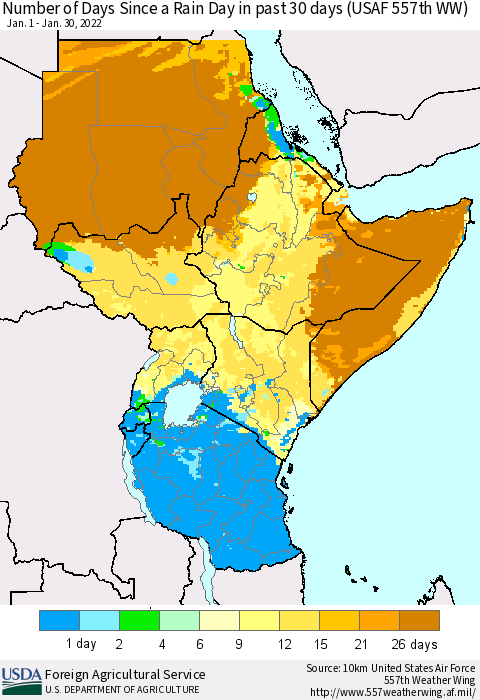 Eastern Africa Number of Days Since a Rain Day in past 30 days (USAF 557th WW) Thematic Map For 1/24/2022 - 1/30/2022
