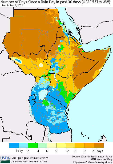 Eastern Africa Number of Days Since a Rain Day in past 30 days (USAF 557th WW) Thematic Map For 1/31/2022 - 2/6/2022