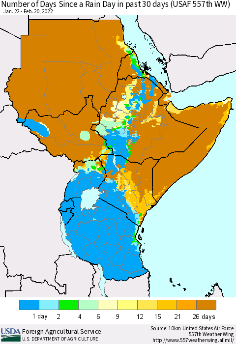 Eastern Africa Number of Days Since a Rain Day in past 30 days (USAF 557th WW) Thematic Map For 2/14/2022 - 2/20/2022