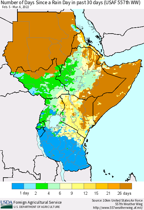 Eastern Africa Number of Days Since a Rain Day in past 30 days (USAF 557th WW) Thematic Map For 2/28/2022 - 3/6/2022