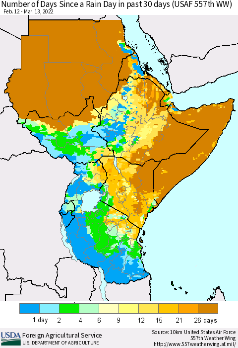Eastern Africa Number of Days Since a Rain Day in past 30 days (USAF 557th WW) Thematic Map For 3/7/2022 - 3/13/2022