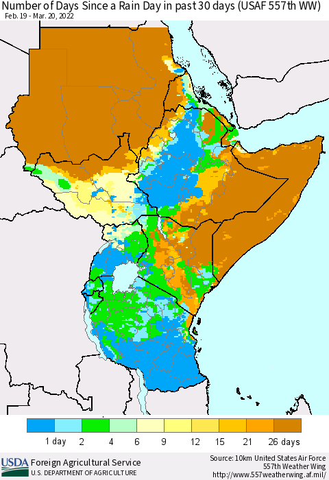 Eastern Africa Number of Days Since a Rain Day in past 30 days (USAF 557th WW) Thematic Map For 3/14/2022 - 3/20/2022