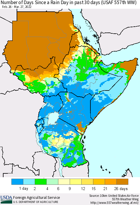 Eastern Africa Number of Days Since a Rain Day in past 30 days (USAF 557th WW) Thematic Map For 3/21/2022 - 3/27/2022