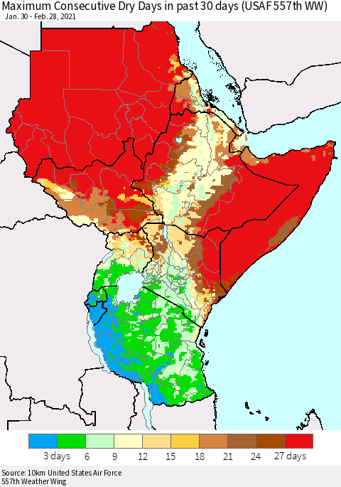 Eastern Africa Maximum Consecutive Dry Days in past 30 days (USAF 557th WW) 02/28/2021 Thematic Map For 2/26/2021 - 2/28/2021