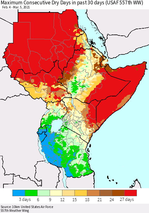 Eastern Africa Maximum Consecutive Dry Days in past 30 days (USAF 557th WW) 03/05/2021 Thematic Map For 3/1/2021 - 3/5/2021
