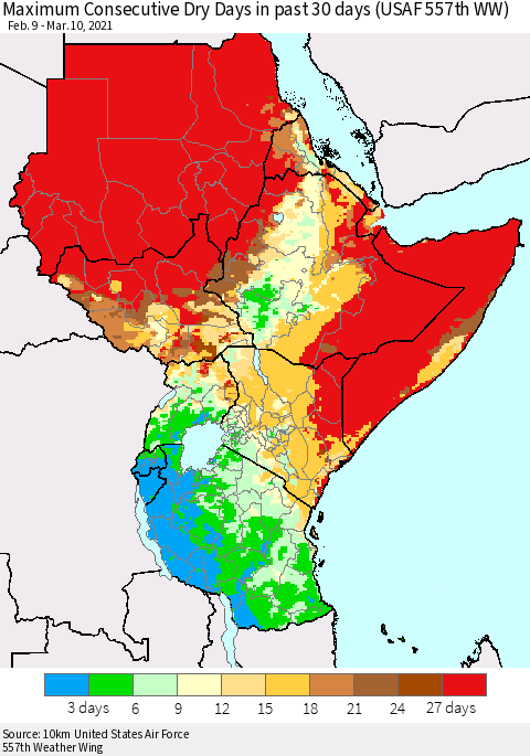Eastern Africa Maximum Consecutive Dry Days in past 30 days (USAF 557th WW) 03/10/2021 Thematic Map For 3/6/2021 - 3/10/2021
