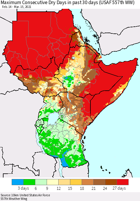 Eastern Africa Maximum Consecutive Dry Days in past 30 days (USAF 557th WW) 03/15/2021 Thematic Map For 3/11/2021 - 3/15/2021