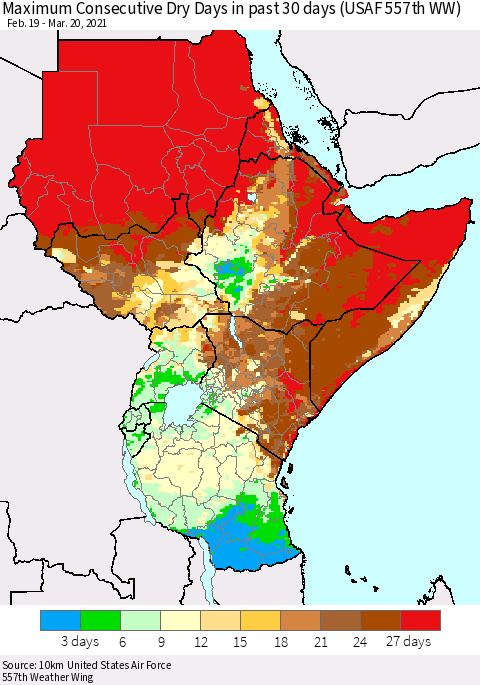 Eastern Africa Maximum Consecutive Dry Days in past 30 days (USAF 557th WW) 03/20/2021 Thematic Map For 3/16/2021 - 3/20/2021