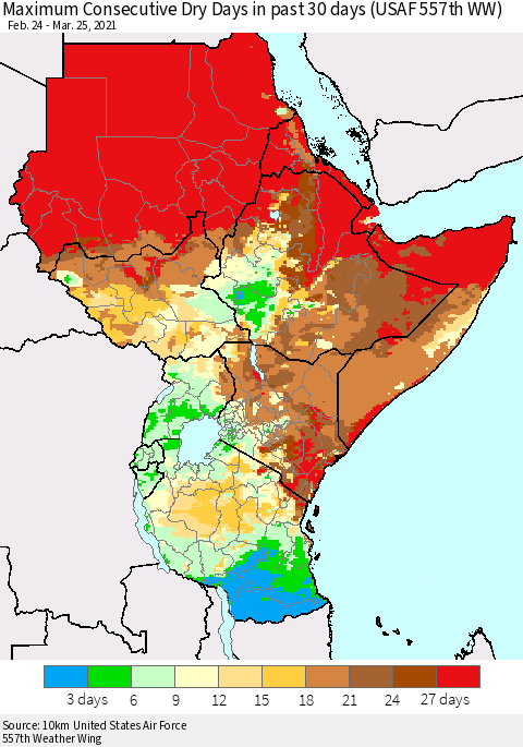 Eastern Africa Maximum Consecutive Dry Days in past 30 days (USAF 557th WW) 03/25/2021 Thematic Map For 3/21/2021 - 3/25/2021