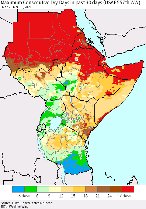 Eastern Africa Maximum Consecutive Dry Days in past 30 days (USAF 557th WW) 03/31/2021 Thematic Map For 3/26/2021 - 3/31/2021