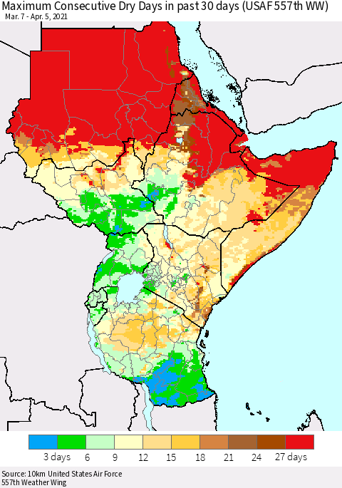 Eastern Africa Maximum Consecutive Dry Days in past 30 days (USAF 557th WW) 04/05/2021 Thematic Map For 4/1/2021 - 4/5/2021
