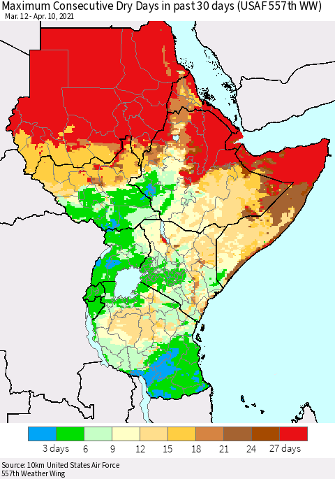 Eastern Africa Maximum Consecutive Dry Days in past 30 days (USAF 557th WW) 04/10/2021 Thematic Map For 4/6/2021 - 4/10/2021