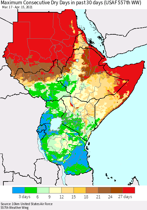 Eastern Africa Maximum Consecutive Dry Days in past 30 days (USAF 557th WW) 04/15/2021 Thematic Map For 4/11/2021 - 4/15/2021
