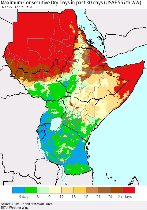 Eastern Africa Maximum Consecutive Dry Days in past 30 days (USAF 557th WW) 04/20/2021 Thematic Map For 4/16/2021 - 4/20/2021