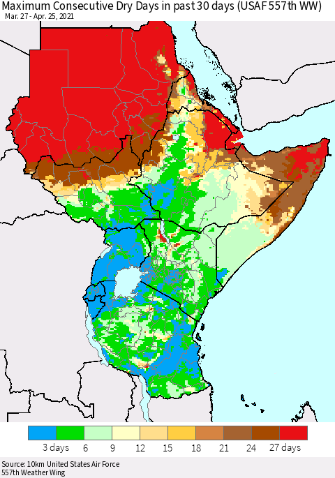 Eastern Africa Maximum Consecutive Dry Days in past 30 days (USAF 557th WW) 04/25/2021 Thematic Map For 4/21/2021 - 4/25/2021