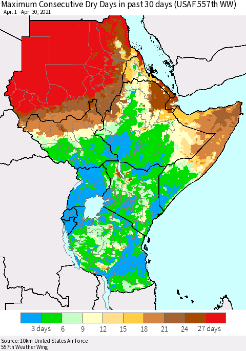 Eastern Africa Maximum Consecutive Dry Days in past 30 days (USAF 557th WW) 04/30/2021 Thematic Map For 4/26/2021 - 4/30/2021