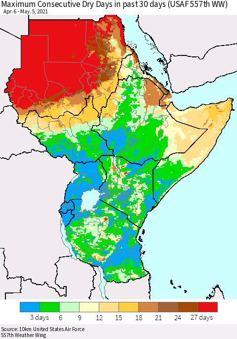 Eastern Africa Maximum Consecutive Dry Days in past 30 days (USAF 557th WW) 05/05/2021 Thematic Map For 5/1/2021 - 5/5/2021